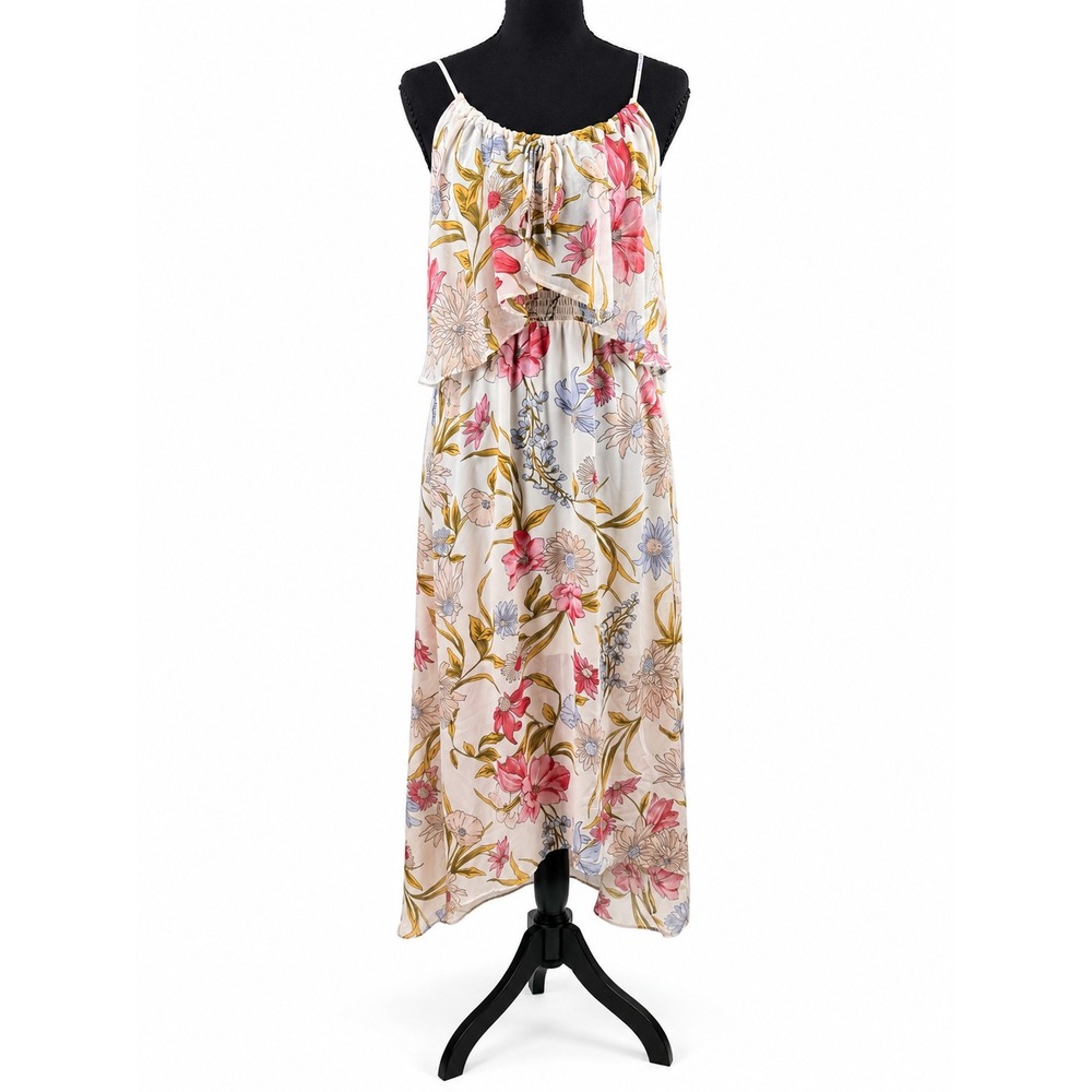 June & Hudson Floral Maxi Dress Medium Ruffle Overlay Spaghetti Strap Boho